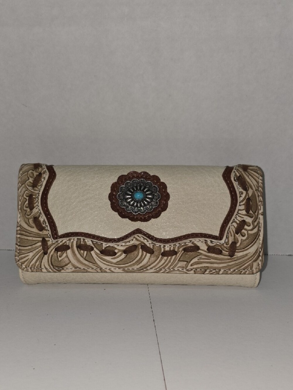 Cream and Brown Tooled Western Wallet with Turquoise Concho - Picture 2 of 10